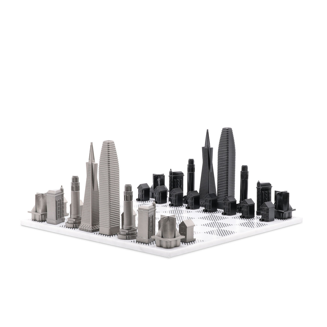 Skyline Chess Set, San Francisco, Steel Metal, Corner View, Marble Board