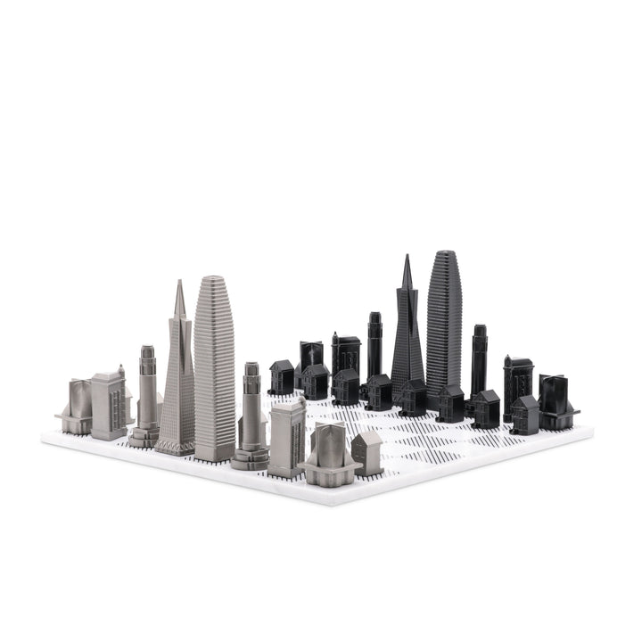 Skyline Chess Set, San Francisco, Steel Metal, Corner View, Marble Board