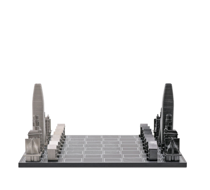 Skyline Chess Set, San Francisco, Steel Metal, Side View, Map Board