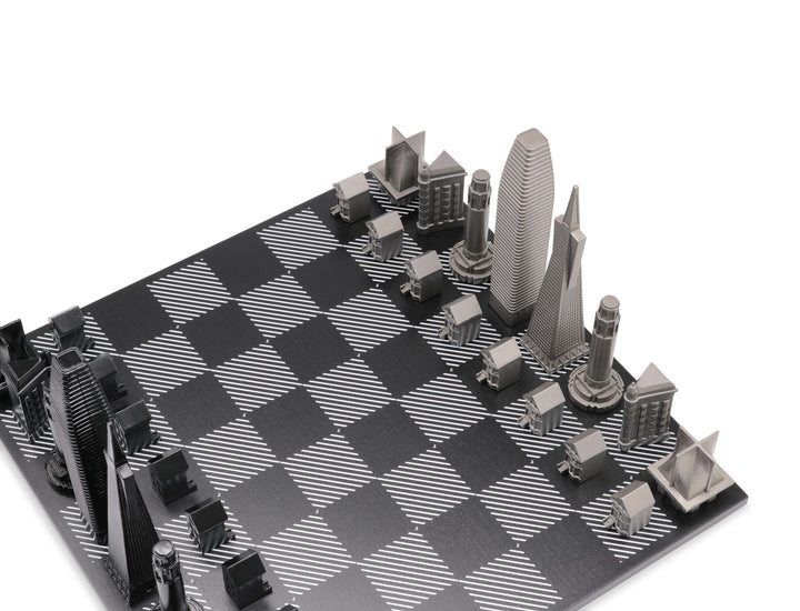 Skyline Chess Set, San Francisco, Steel, Corner View, Hatch Board