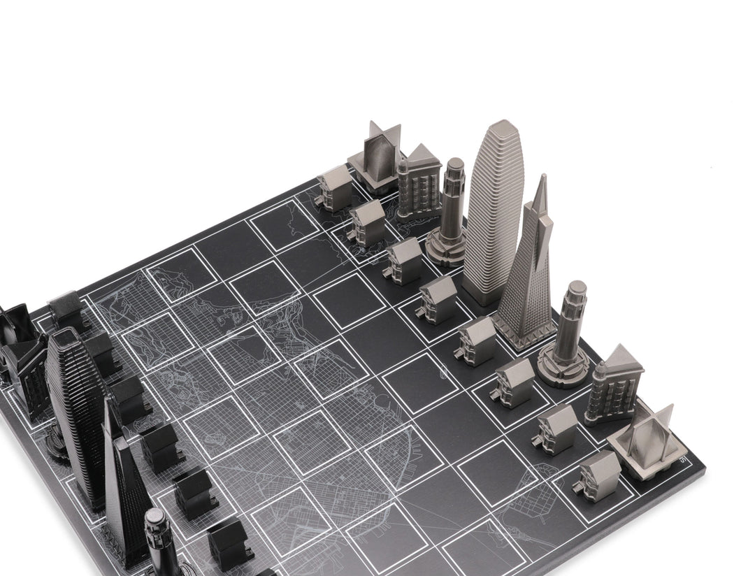 Skyline Chess Set, San Francisco, Steel, Corner View, Wood Board