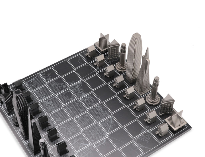 Skyline Chess Set, San Francisco, Steel, Corner View, Wood Board