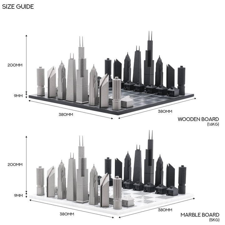 Skyline Chess Set, Chicago, Steel Metal, Top View, Wood Board