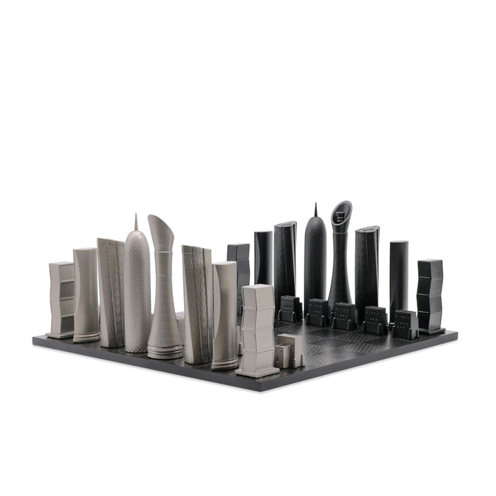 Skyline Chess Set, Doha, Steel Metal, Corner View, Wood Board