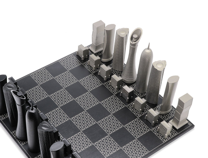 Skyline Chess Set, Doha, Steel Metal, Corner View, Marble Board