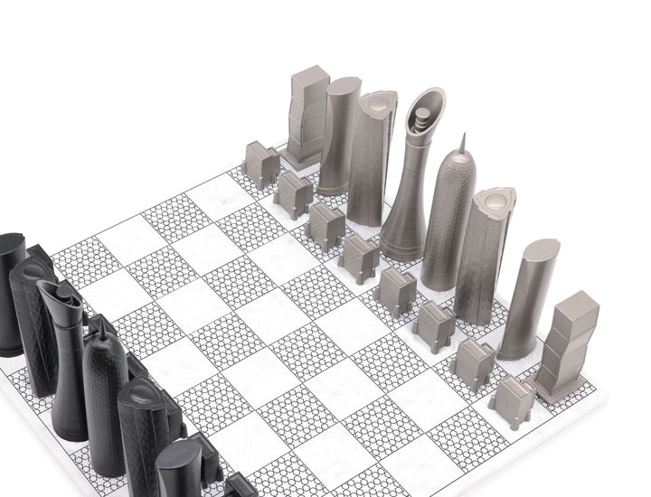 Skyline Chess Set, Doha, Steel Metal, Corner View, Marble Geometric Print Board