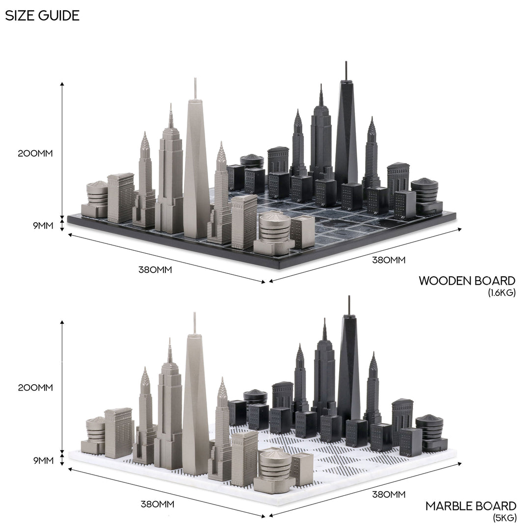 Skyline Chess Set, New York, Steel Metal, Top View, Wood Board