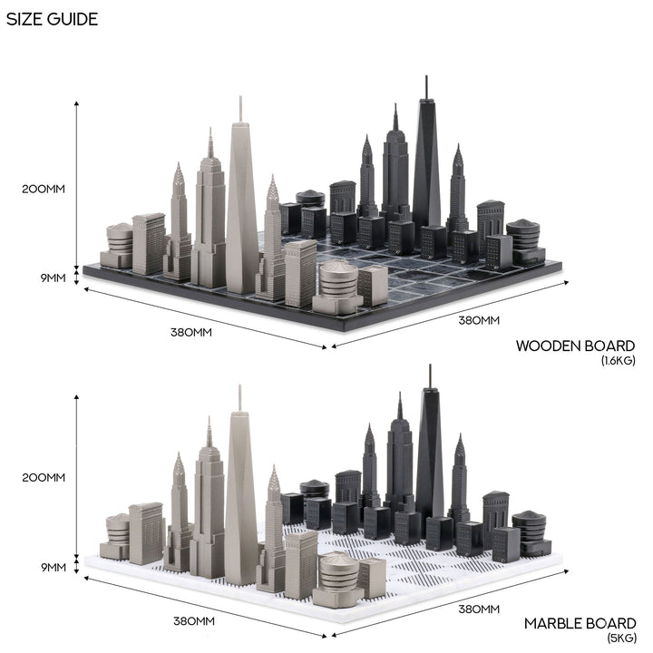 Skyline Chess Set, New York, Steel Metal, Top View, Wood Board