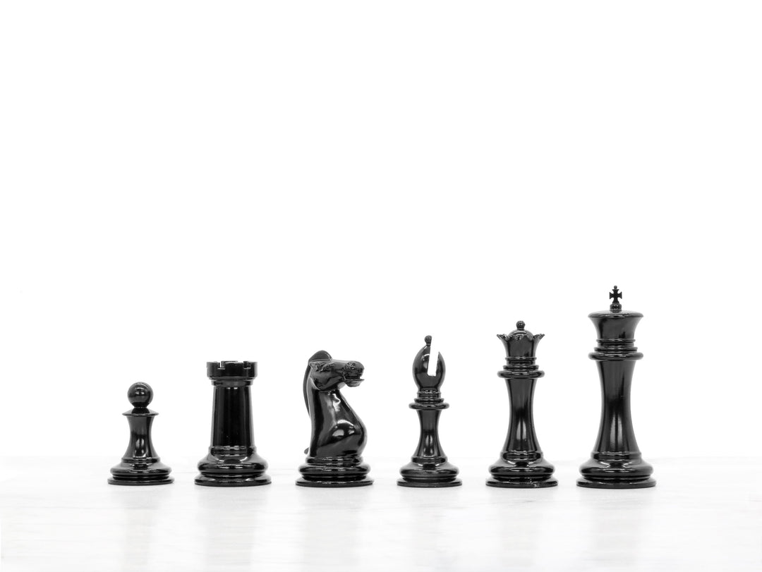 Skyline Chess Set, Staunton Edition, Steel Metal, Side View, Wood Board