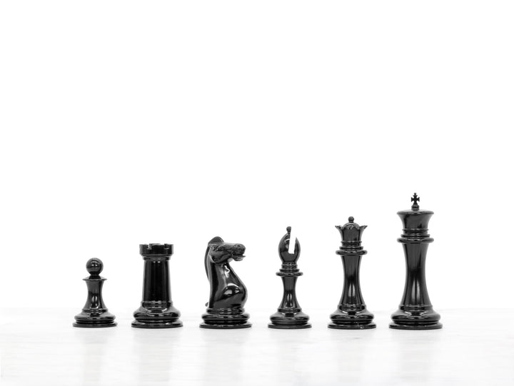 Skyline Chess Set, Staunton Edition, Steel Metal, Side View, Wood Board