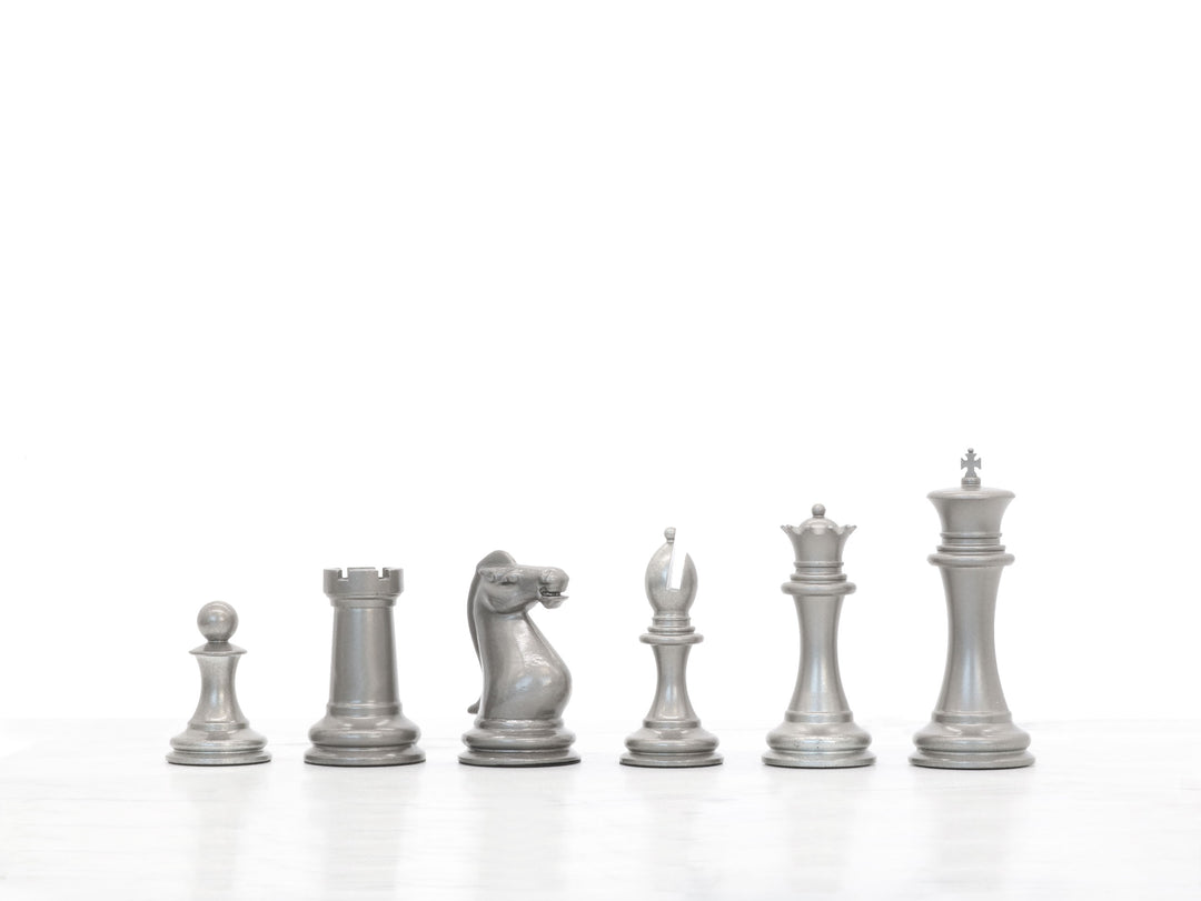 Skyline Chess Set, Staunton, Steel, Side View, Wood Board