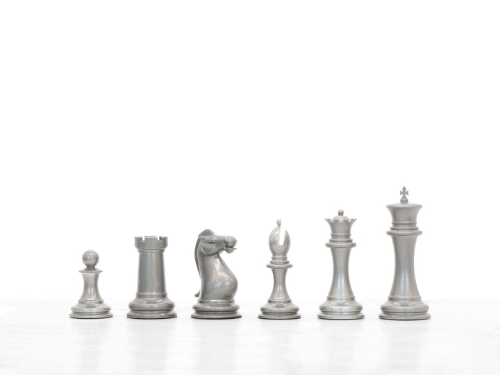 Skyline Chess Set, Staunton, Steel, Side View, Wood Board