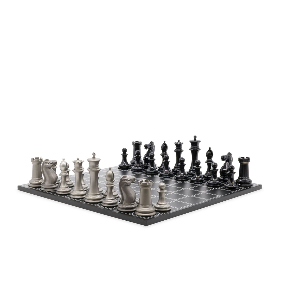 Skyline Chess Set, Staunton, Steel, Corner View, Grid Wooden Board