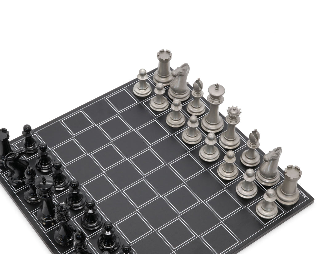 Skyline Chess Set, Staunton, Steel Metal, Corner View, Steel Grid Board