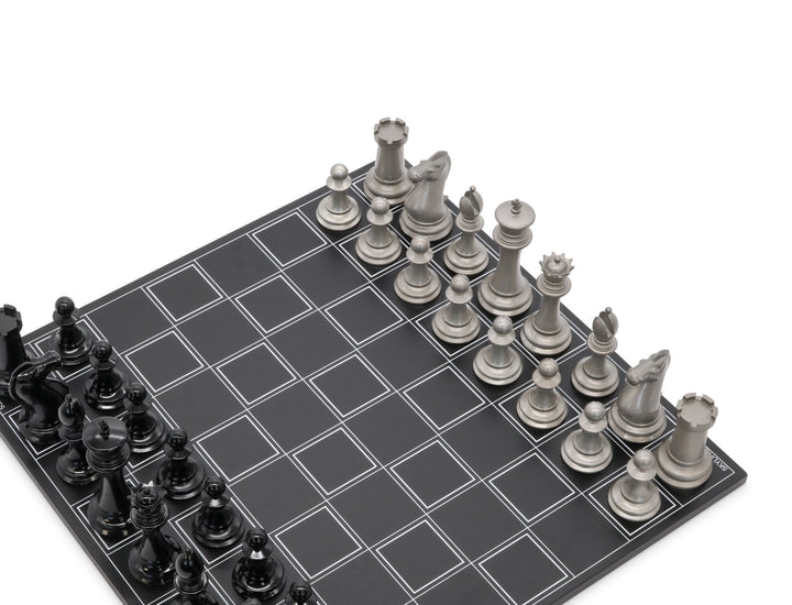 Skyline Chess Set, Staunton, Steel Metal, Corner View, Steel Grid Board