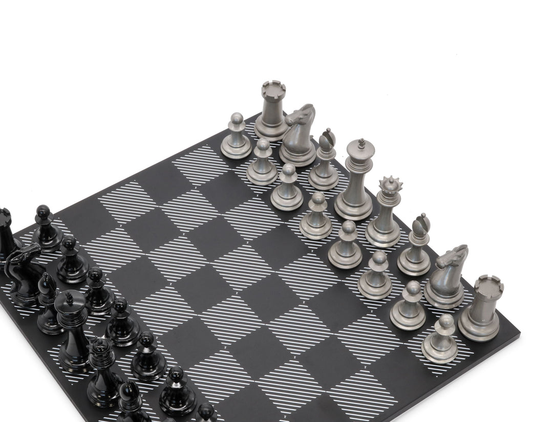 Skyline Chess Set, Staunton Edition, Steel, Corner View, Hatch Board