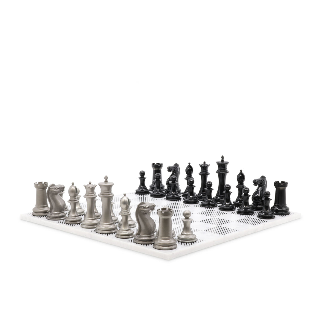 Skyline Chess Set, Staunton, Steel, Corner View, Marble Board