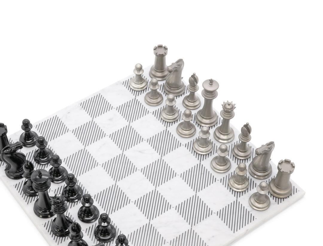 Skyline Chess Set, Staunton Edition, Steel Metal, Corner View, Marble Board