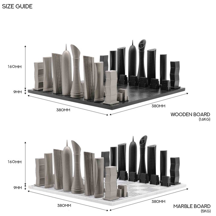 Skyline Chess Set, Doha, Steel Metal, Top View, Wood and Marble Board