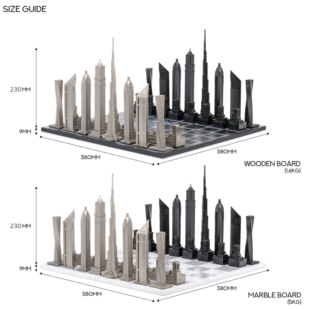 Skyline Chess Set, Dubai, Steel, Macro View, Wood Board