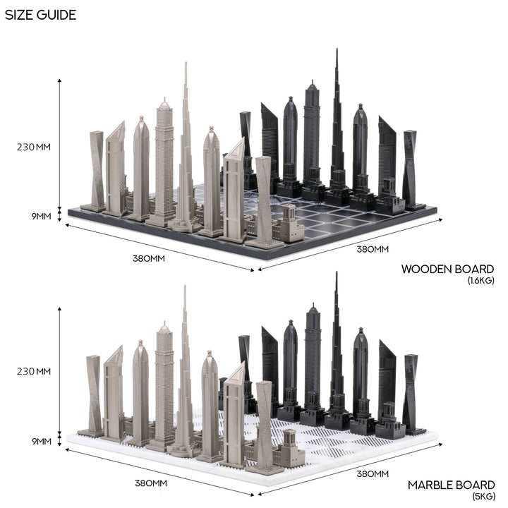Skyline Chess Set, Dubai, Steel, Macro View, Wood Board