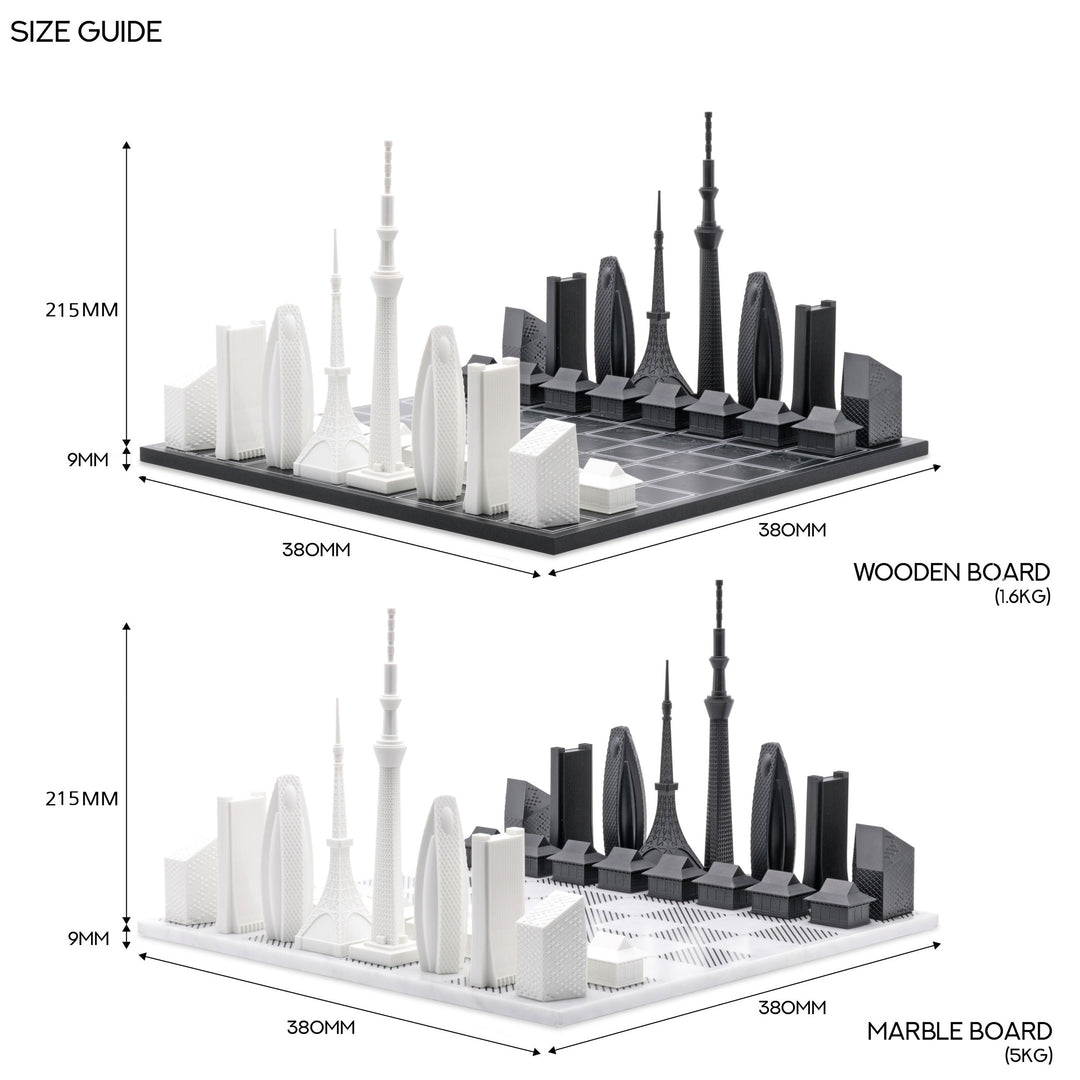 Skyline Chess Set, Tokyo, Acrylic, Side View, Wood Board