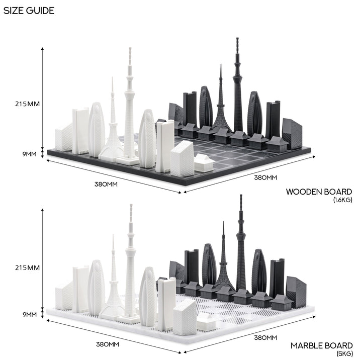 Skyline Chess Set, Tokyo, Acrylic, Side View, Wood Board