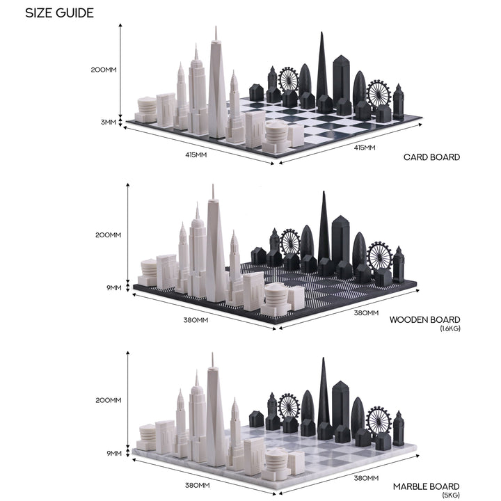 Skyline Chess Set, Tokyo Vs. Los Angeles, Acrylic, Top View, B/W Wooden Board
