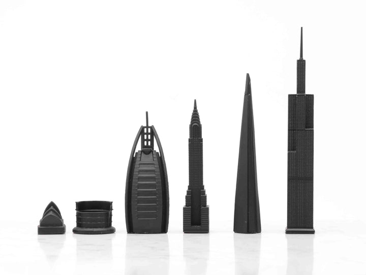 Skyline Chess Set, World Icons, Steel Metal, Side View, Wood Board