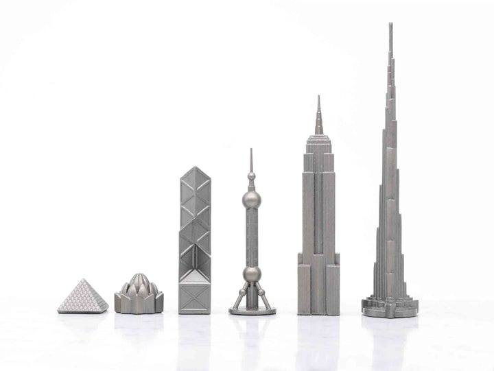 Skyline Chess Set, World Icons, Steel Metal, Side View, Wood Board