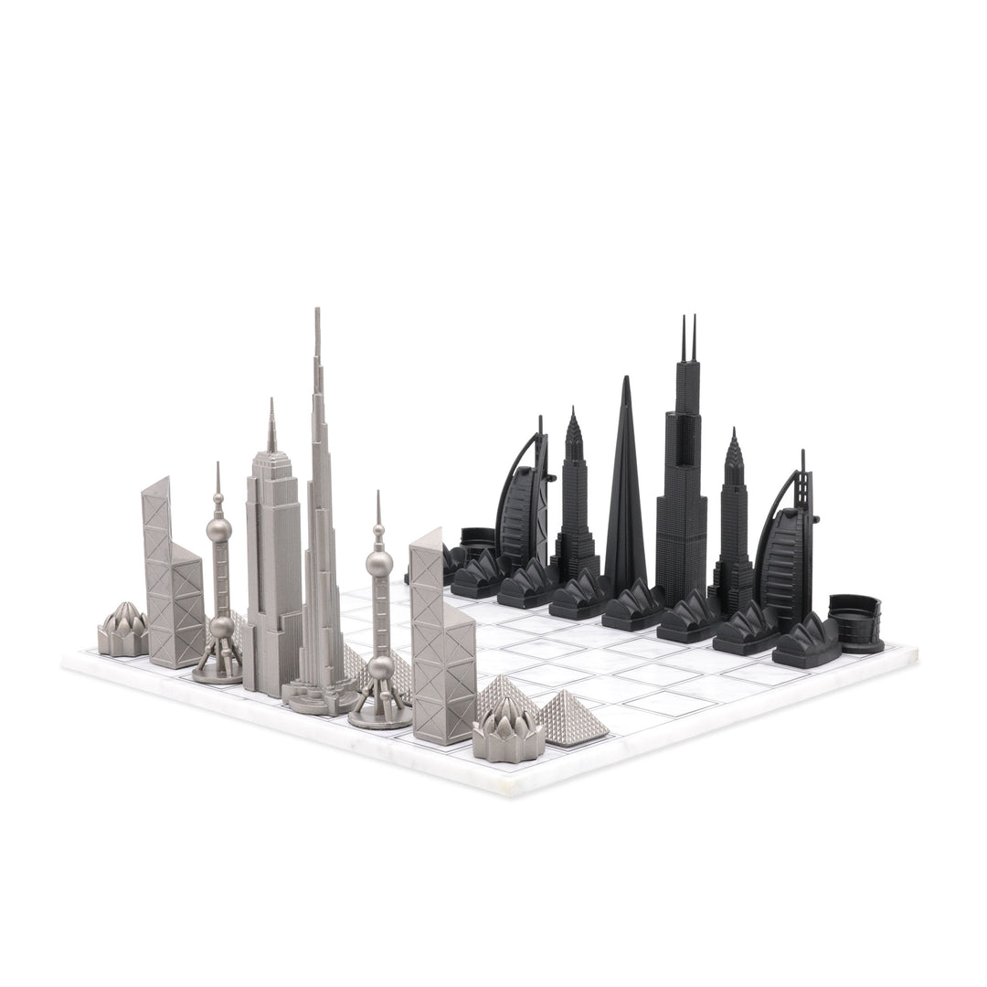 Skyline Chess Set, World Icons, Steel Metal, Corner View, Marble Grid Board