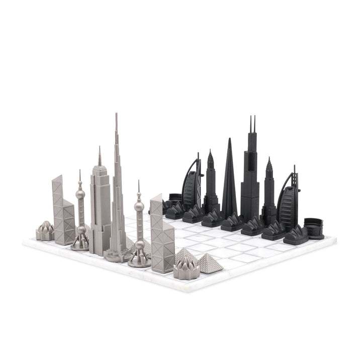 Skyline Chess Set, World Icons, Steel Metal, Corner View, Marble Grid Board