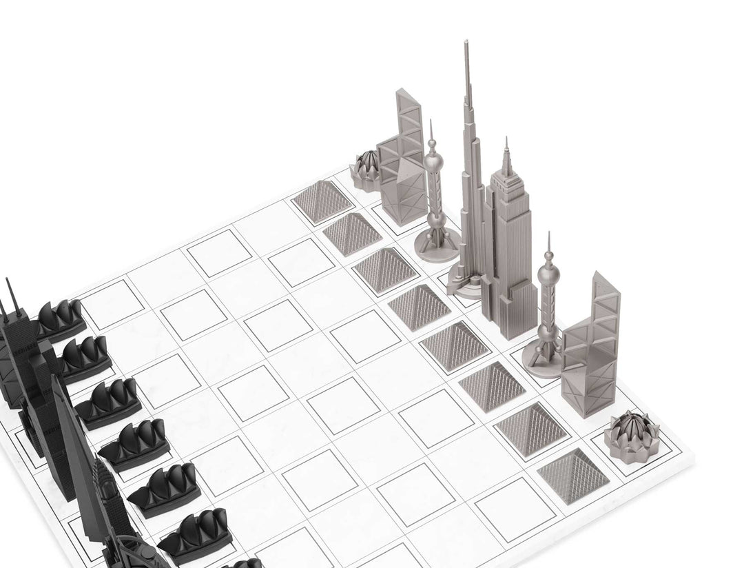 Skyline Chess Set, World Icons, Steel Metal, Corner View, Marble Grid Board