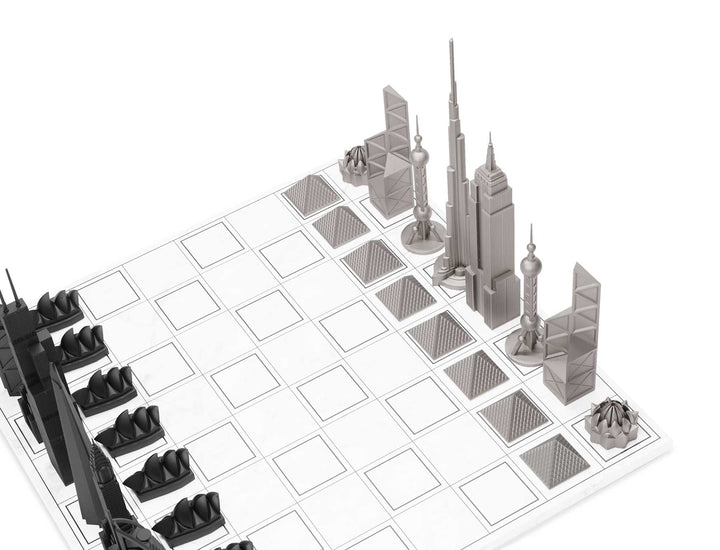 Skyline Chess Set, World Icons, Steel Metal, Corner View, Marble Grid Board