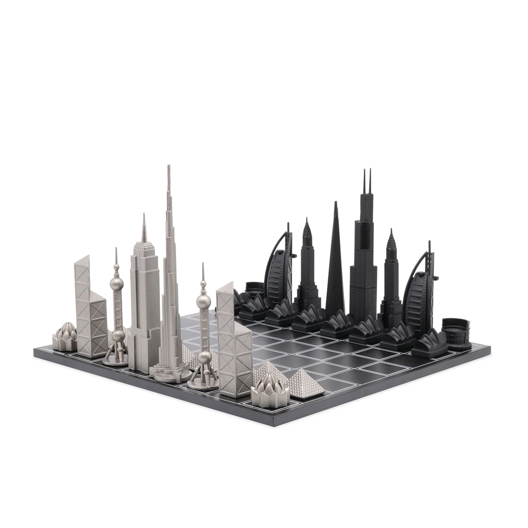 Skyline Chess Set, World Icons, Steel Metal, Corner View, Wood Board