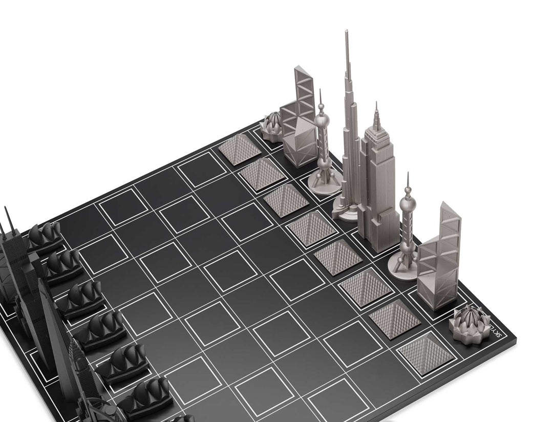 Skyline Chess Set, World Icons, Steel Metal, Corner View, Wooden Board