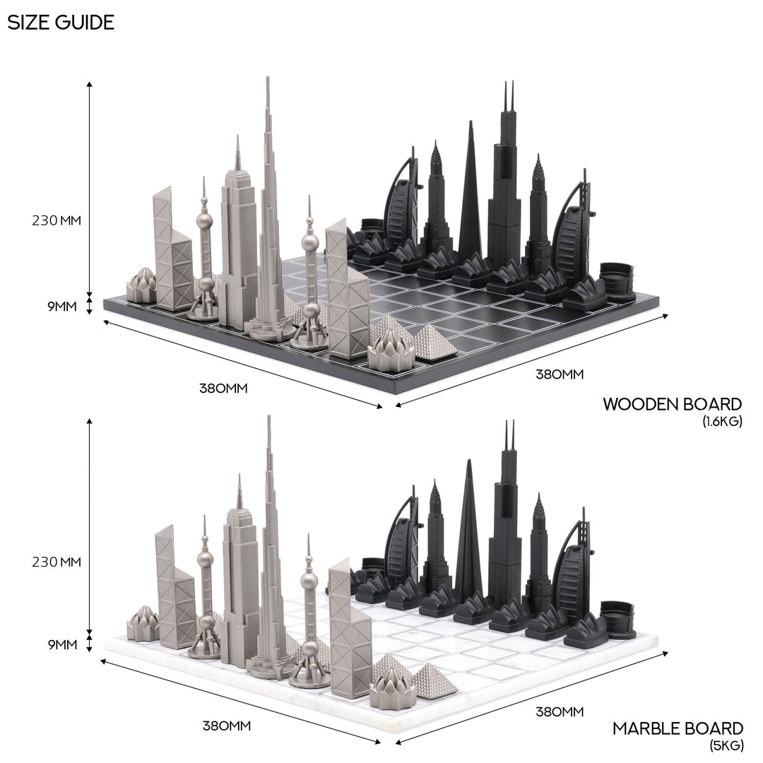 Skyline Chess Set, World Icons, Steel Metal, Side View, Wood Board