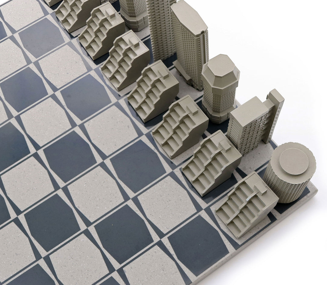 Skyline Chess Set, London Brutalist, Resin, Top View, Wood Board