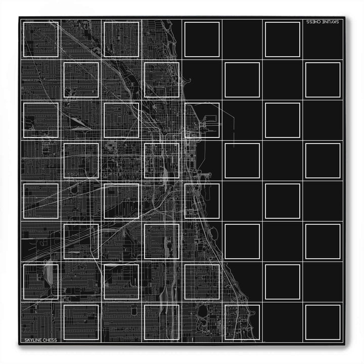 Skyline Chess Set, Chicago, Steel Metal, Top View, Wood Board