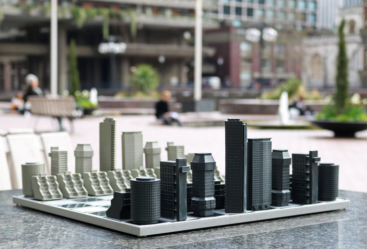 Skyline Chess Set, London Brutalist, Resin, Corner View, Wood Board